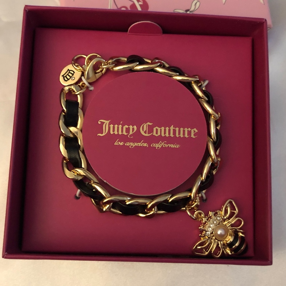 Juicy Couture Gold Tone & Woven Black Faux Leather Charm Bracelet Bee Charm NIB